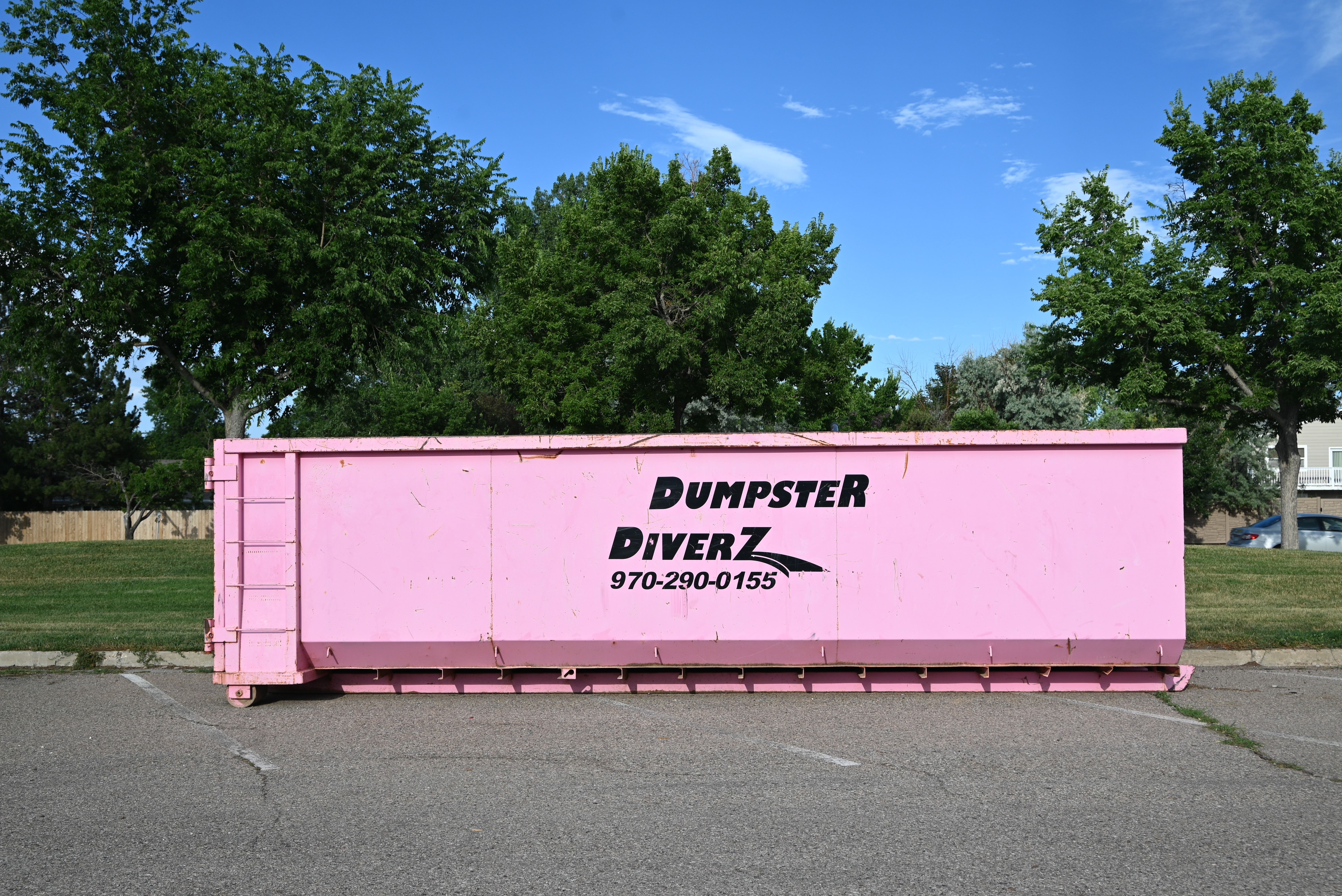Dumpster Diverz pink roll-off in a Northern Colorado neighborhood